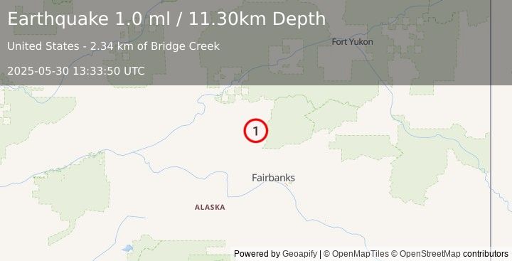Earthquake 16 km ESE of Livengood, Alaska (1.0 ml) (2025-05-30 13:33:50 UTC)