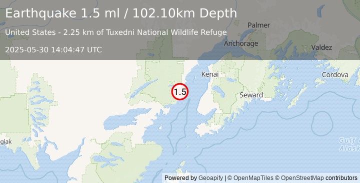 Earthquake 52 km WNW of Ninilchik, Alaska (1.5 ml) (2025-05-30 14:04:47 UTC)