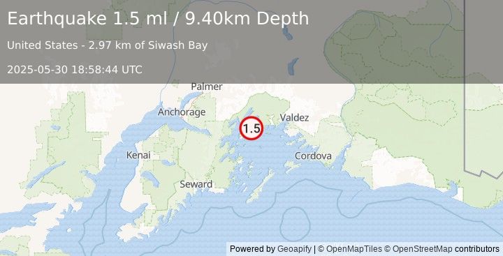 Earthquake 56 km W of Tatitlek, Alaska (1.5 ml) (2025-05-30 18:58:44 UTC)