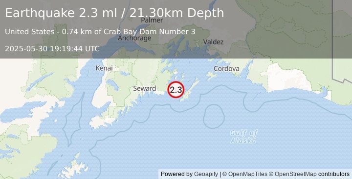 Earthquake 1 km NW of Chenega, Alaska (2.3 ml) (2025-05-30 19:19:44 UTC)
