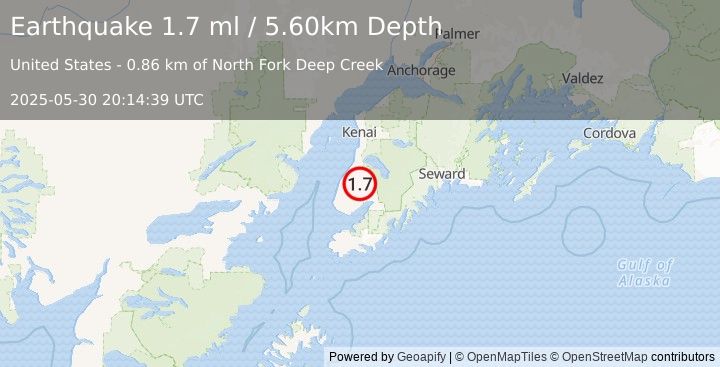 Earthquake 21 km NW of Fox River, Alaska (1.7 ml) (2025-05-30 20:14:39 UTC)