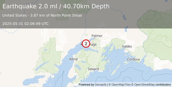 Earthquake 12 km WNW of Anchorage, Alaska (2.0 ml) (2025-05-31 02:06:49 UTC)