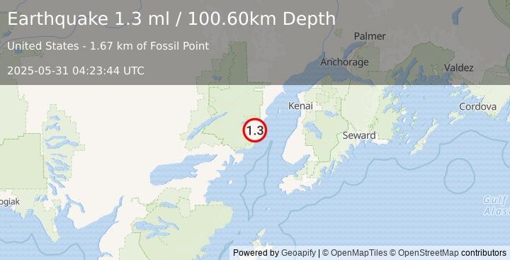 Earthquake 57 km WNW of Ninilchik, Alaska (1.3 ml) (2025-05-31 04:23:44 UTC)
