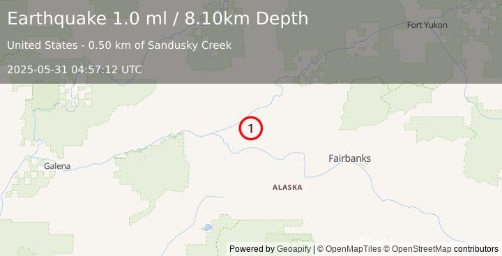 Earthquake 27 km NNW of Manley Hot Springs, Alaska (1.0 ml) (2025-05-31 04:57:12 UTC)