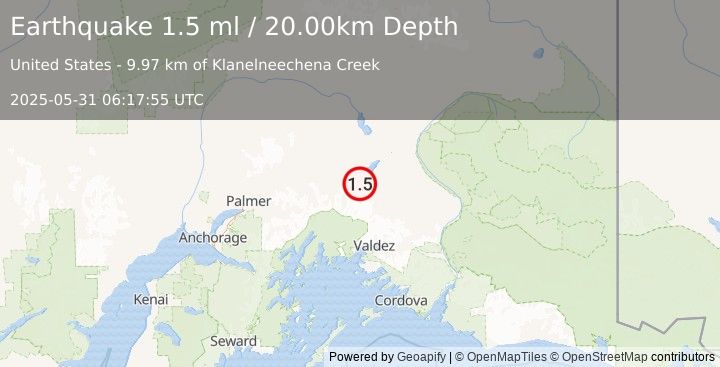 Earthquake 24 km SSE of Nelchina, Alaska (1.5 ml) (2025-05-31 06:17:55 UTC)