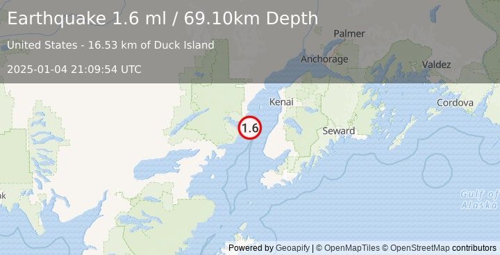 Earthquake 34 km WNW of Ninilchik, Alaska (1.6 ml) (2025-01-04 21:09:54 UTC)