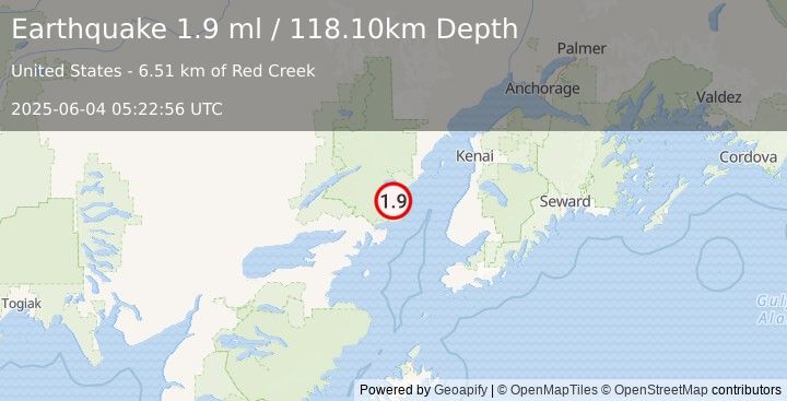 Earthquake 67 km WNW of Happy Valley, Alaska (1.9 ml) (2025-06-04 05:22:56 UTC)