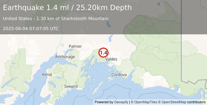 Earthquake 41 km NW of Valdez, Alaska (1.4 ml) (2025-06-04 07:07:05 UTC)