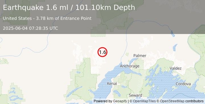 Earthquake 42 km SW of Skwentna, Alaska (1.6 ml) (2025-06-04 07:28:35 UTC)