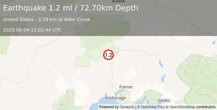 Earthquake 28 km NE of Petersville, Alaska (1.2 ml) (2025-06-04 11:02:44 UTC)