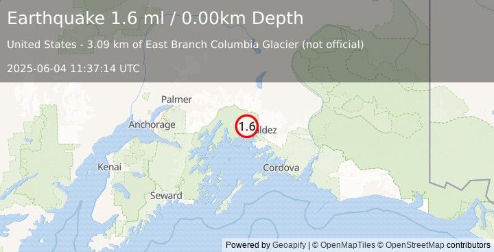 Earthquake 27 km WNW of Valdez, Alaska (1.6 ml) (2025-06-04 11:37:14 UTC)