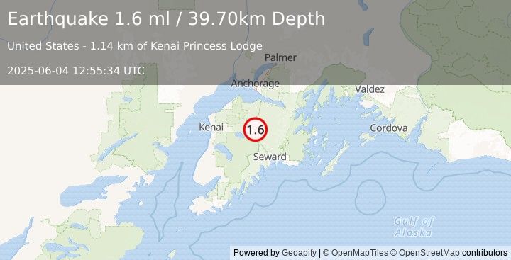 Earthquake 3 km WNW of Cooper Landing, Alaska (1.6 ml) (2025-06-04 12:55:34 UTC)