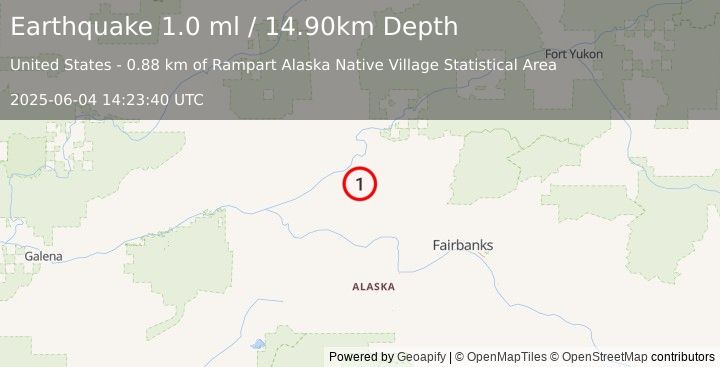 Earthquake 14 km SE of Rampart, Alaska (1.0 ml) (2025-06-04 14:23:40 UTC)