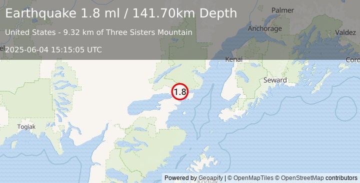 Earthquake 27 km ENE of Pedro Bay, Alaska (1.8 ml) (2025-06-04 15:15:05 UTC)