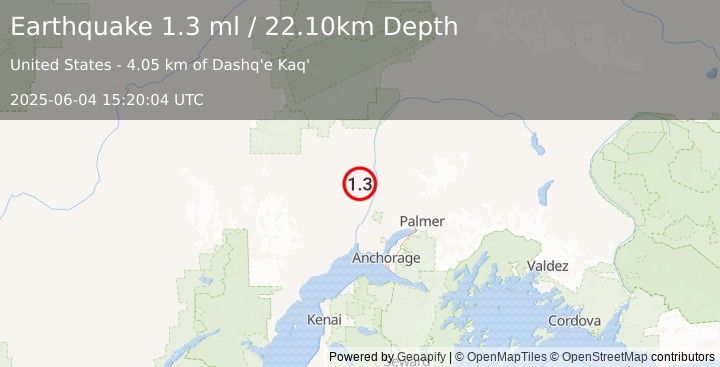 Earthquake 35 km NW of Willow, Alaska (1.3 ml) (2025-06-04 15:20:04 UTC)