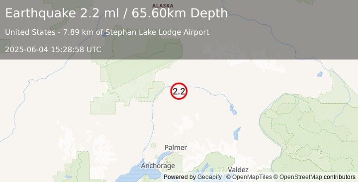 Earthquake 68 km ENE of Chase, Alaska (2.2 ml) (2025-06-04 15:28:58 UTC)