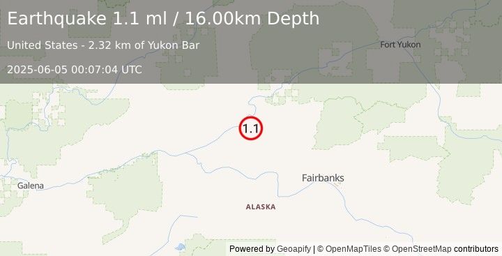 Earthquake 8 km E of Rampart, Alaska (1.1 ml) (2025-06-05 00:07:04 UTC)