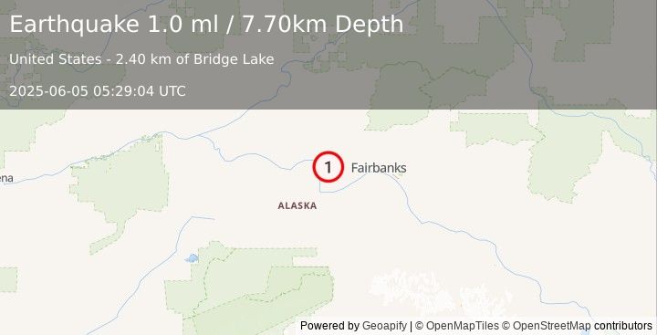 Earthquake 27 km NNE of Four Mile Road, Alaska (1.0 ml) (2025-06-05 05:29:04 UTC)