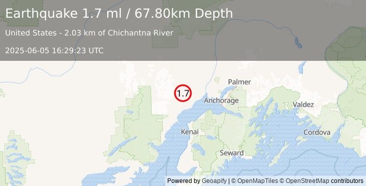 Earthquake 35 km NW of Beluga, Alaska (1.7 ml) (2025-06-05 16:29:23 UTC)