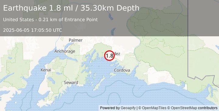Earthquake 18 km WSW of Valdez, Alaska (1.8 ml) (2025-06-05 17:05:50 UTC)