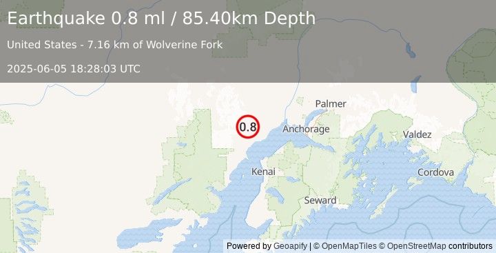 Earthquake 37 km WNW of Beluga, Alaska (0.8 ml) (2025-06-05 18:28:03 UTC)