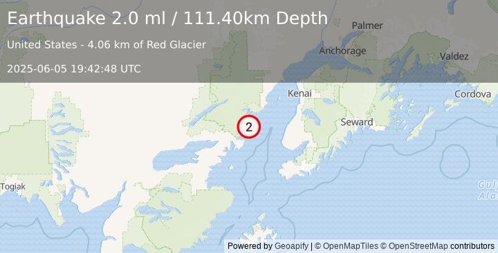 Earthquake 64 km W of Happy Valley, Alaska (2.0 ml) (2025-06-05 19:42:48 UTC)