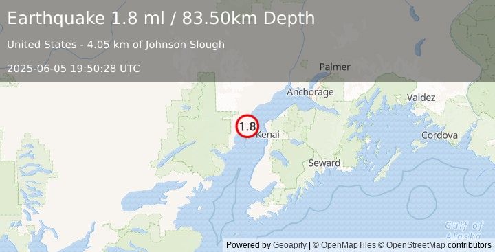 Earthquake 32 km WNW of Salamatof, Alaska (1.8 ml) (2025-06-05 19:50:28 UTC)