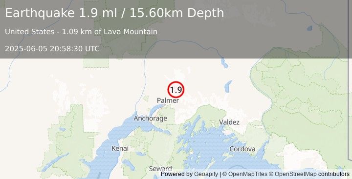 Earthquake 5 km N of Sutton-Alpine, Alaska (1.9 ml) (2025-06-05 20:58:30 UTC)