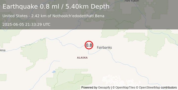 Earthquake 27 km SSE of Minto, Alaska (0.8 ml) (2025-06-05 21:33:29 UTC)