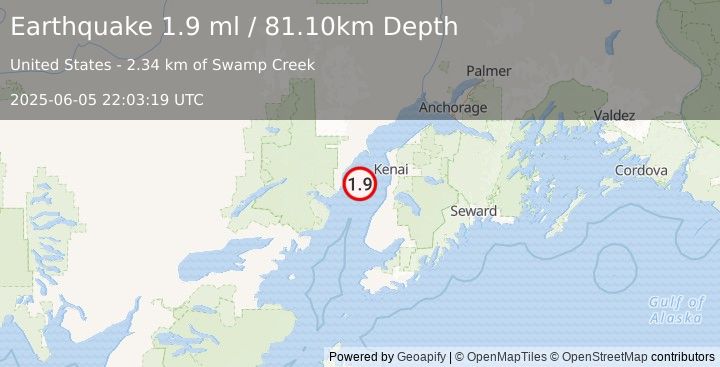 Earthquake 35 km W of Cohoe, Alaska (1.9 ml) (2025-06-05 22:03:19 UTC)