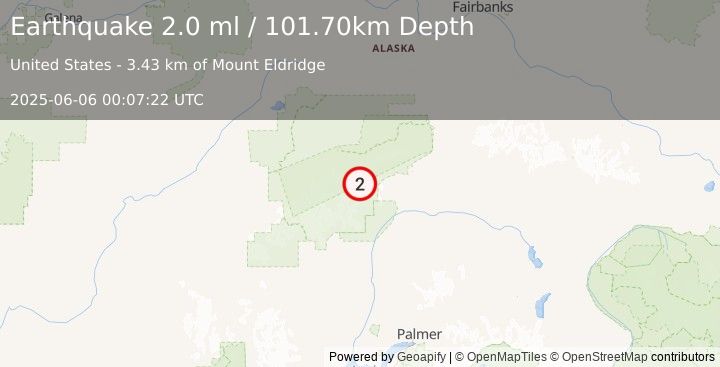Earthquake 72 km NNE of Petersville, Alaska (2.0 ml) (2025-06-06 00:07:22 UTC)