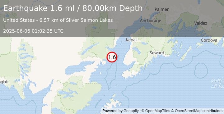 Earthquake 47 km WNW of Anchor Point, Alaska (1.6 ml) (2025-06-06 01:02:35 UTC)