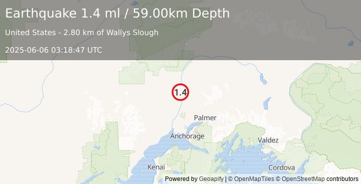 Earthquake 18 km WSW of Susitna North, Alaska (1.4 ml) (2025-06-06 03:18:47 UTC)