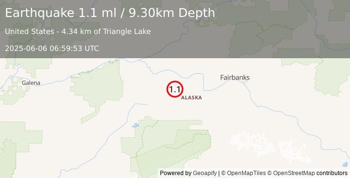 Earthquake 44 km SSE of Manley Hot Springs, Alaska (1.1 ml) (2025-06-06 06:59:53 UTC)