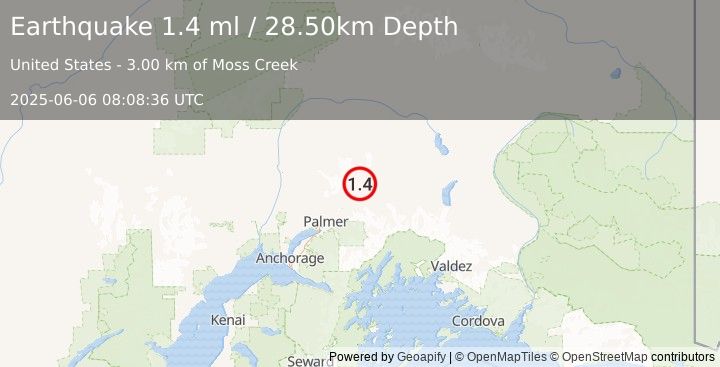 Earthquake 22 km NNE of Chickaloon, Alaska (1.4 ml) (2025-06-06 08:08:36 UTC)