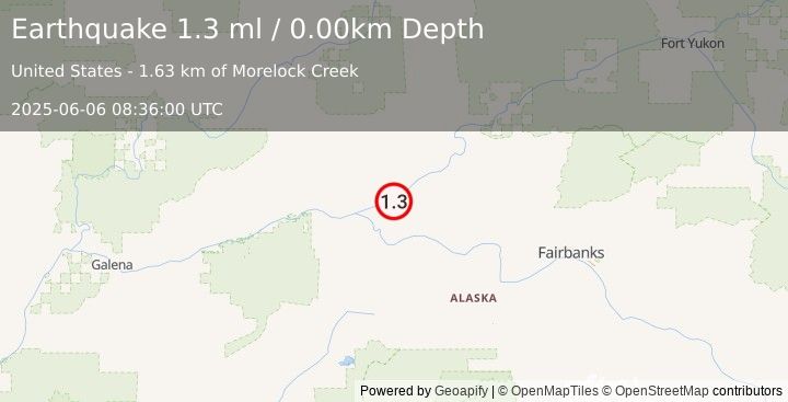 Earthquake 39 km ENE of Tanana, Alaska (1.3 ml) (2025-06-06 08:36:00 UTC)