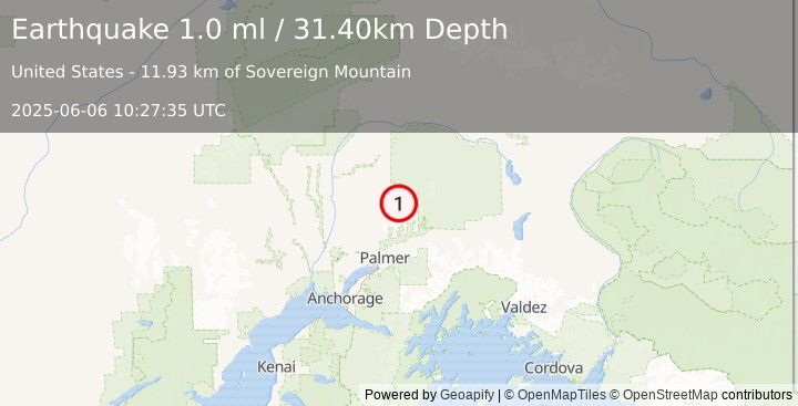 Earthquake 37 km N of Sutton-Alpine, Alaska (1.0 ml) (2025-06-06 10:27:35 UTC)