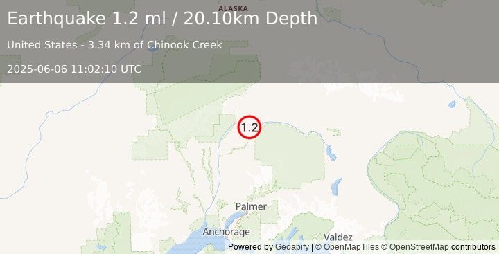 Earthquake 60 km NE of Chase, Alaska (1.2 ml) (2025-06-06 11:02:10 UTC)