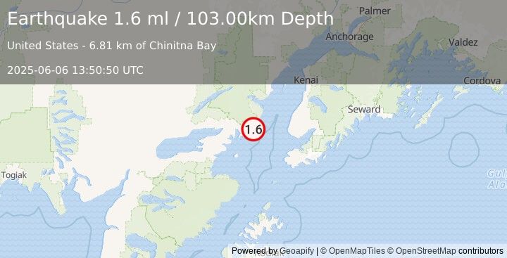 Earthquake 59 km W of Anchor Point, Alaska (1.6 ml) (2025-06-06 13:50:50 UTC)