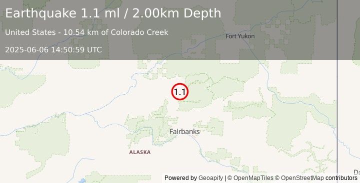 Earthquake 29 km E of Livengood, Alaska (1.1 ml) (2025-06-06 14:50:59 UTC)