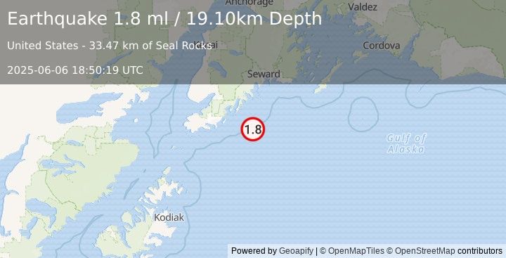 Earthquake 91 km ESE of Halibut Cove, Alaska (1.8 ml) (2025-06-06 18:50:19 UTC)