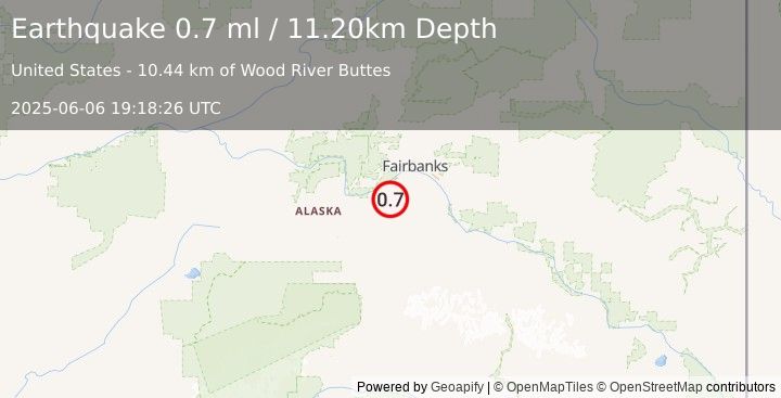 Earthquake 34 km SSW of Ester, Alaska (0.7 ml) (2025-06-06 19:18:26 UTC)