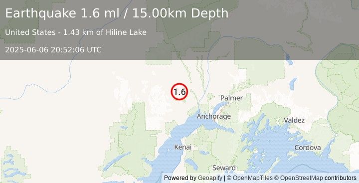 Earthquake 28 km S of Skwentna, Alaska (1.6 ml) (2025-06-06 20:52:06 UTC)