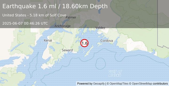 Earthquake 41 km NNE of Chenega, Alaska (1.6 ml) (2025-06-07 00:46:26 UTC)