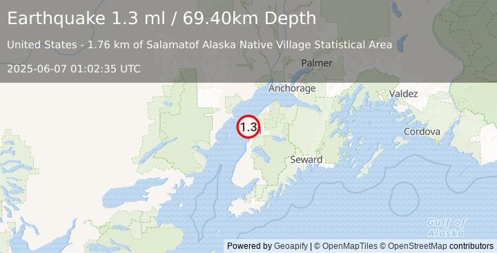 Earthquake 1 km E of Salamatof, Alaska (1.3 ml) (2025-06-07 01:02:35 UTC)
