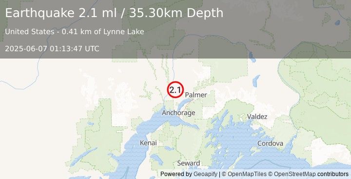 Earthquake 4 km S of Willow, Alaska (2.1 ml) (2025-06-07 01:13:47 UTC)