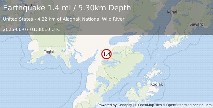 Earthquake 41 km SSW of Igiugig, Alaska (1.4 ml) (2025-06-07 01:38:10 UTC)