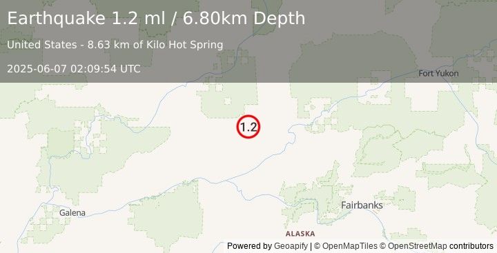 Earthquake 67 km NW of Rampart, Alaska (1.2 ml) (2025-06-07 02:09:54 UTC)
