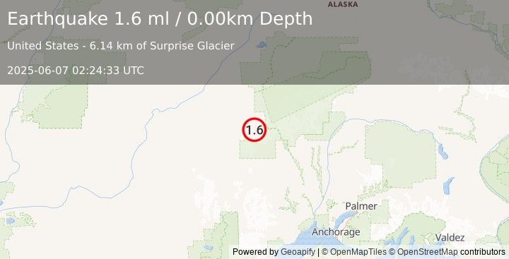 Earthquake 88 km WNW of Petersville, Alaska (1.6 ml) (2025-06-07 02:24:33 UTC)
