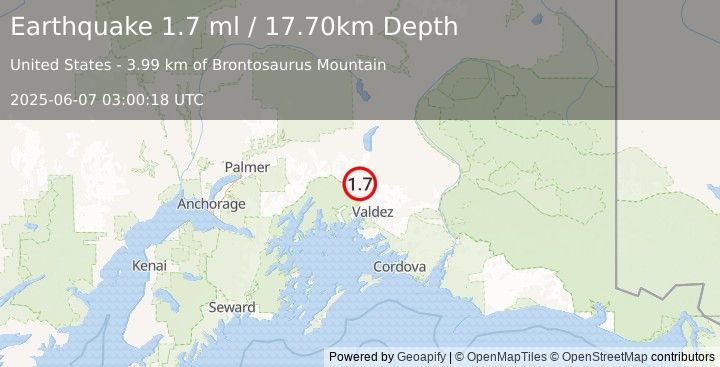 Earthquake 36 km NNW of Valdez, Alaska (1.7 ml) (2025-06-07 03:00:18 UTC)